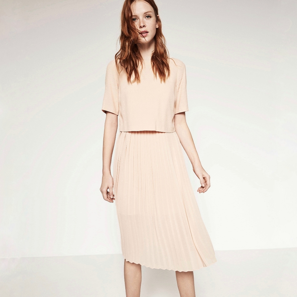 Zara | pleated midi dress in peach blush